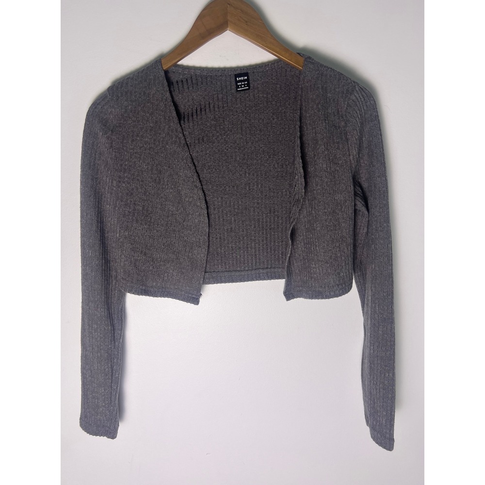 Shrug Cardigan Wm S Grey Ribbed Knit Cropped Bolero Open Front Grannycore Cozy
